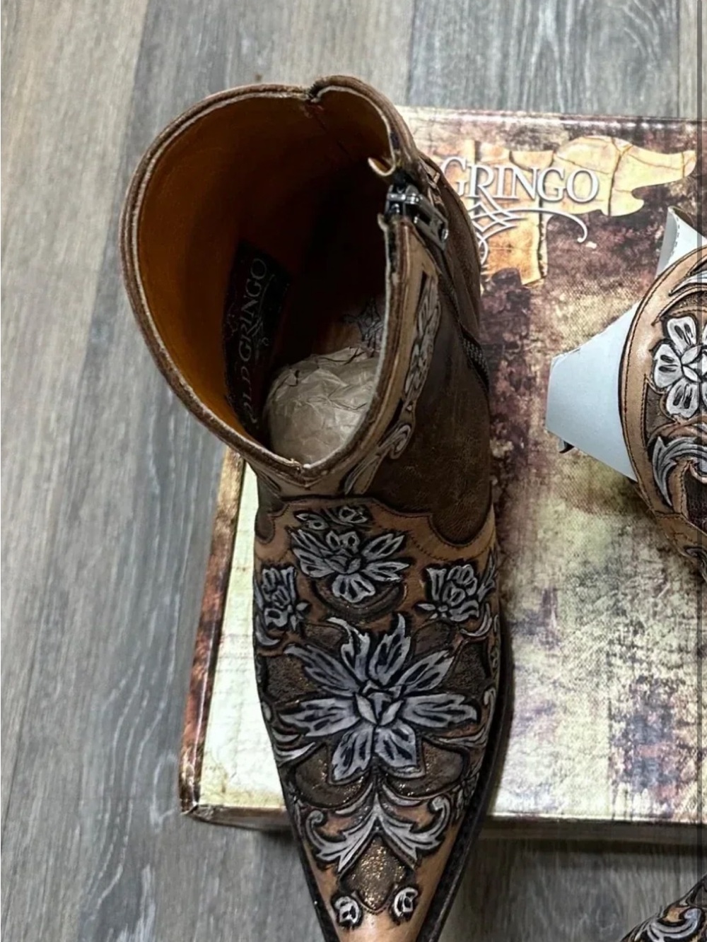 Old gringo aster in brass bone hand tooled floral ankle  boots RTL $698 8 - Picture 13 of 14